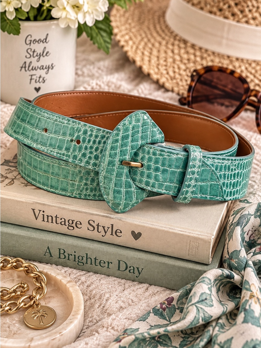 Vintage Morris Moskowitz Mint Green Croc Embossed Lips Buckle Leather Belt Sz S